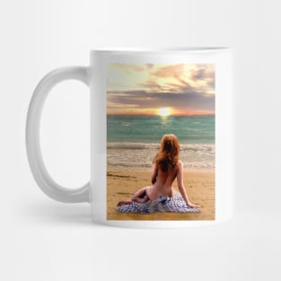 Woman sitting on beach looking at sunset peaceful relaxed zen yoga buddhism Mug